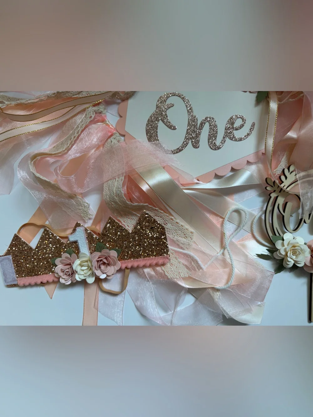 Wildflowers Peach and Cream Floral First Birthday Banner & Cake Topper Set of 4